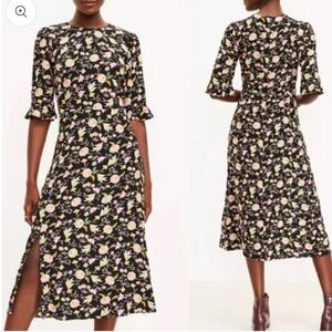 Loft Floral Print Midi Black Ruffle Sleeve Dress Size 4 Career Work Wear